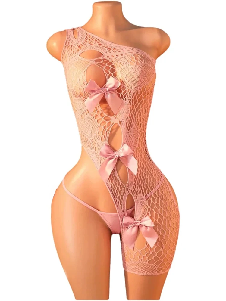 

2 шт., женское сексуальное женское белье, милое розовое кружевное боди и стринги на одно плечо с вырезом Тедди с бантами, будуарное нижнее белье, ночное белье