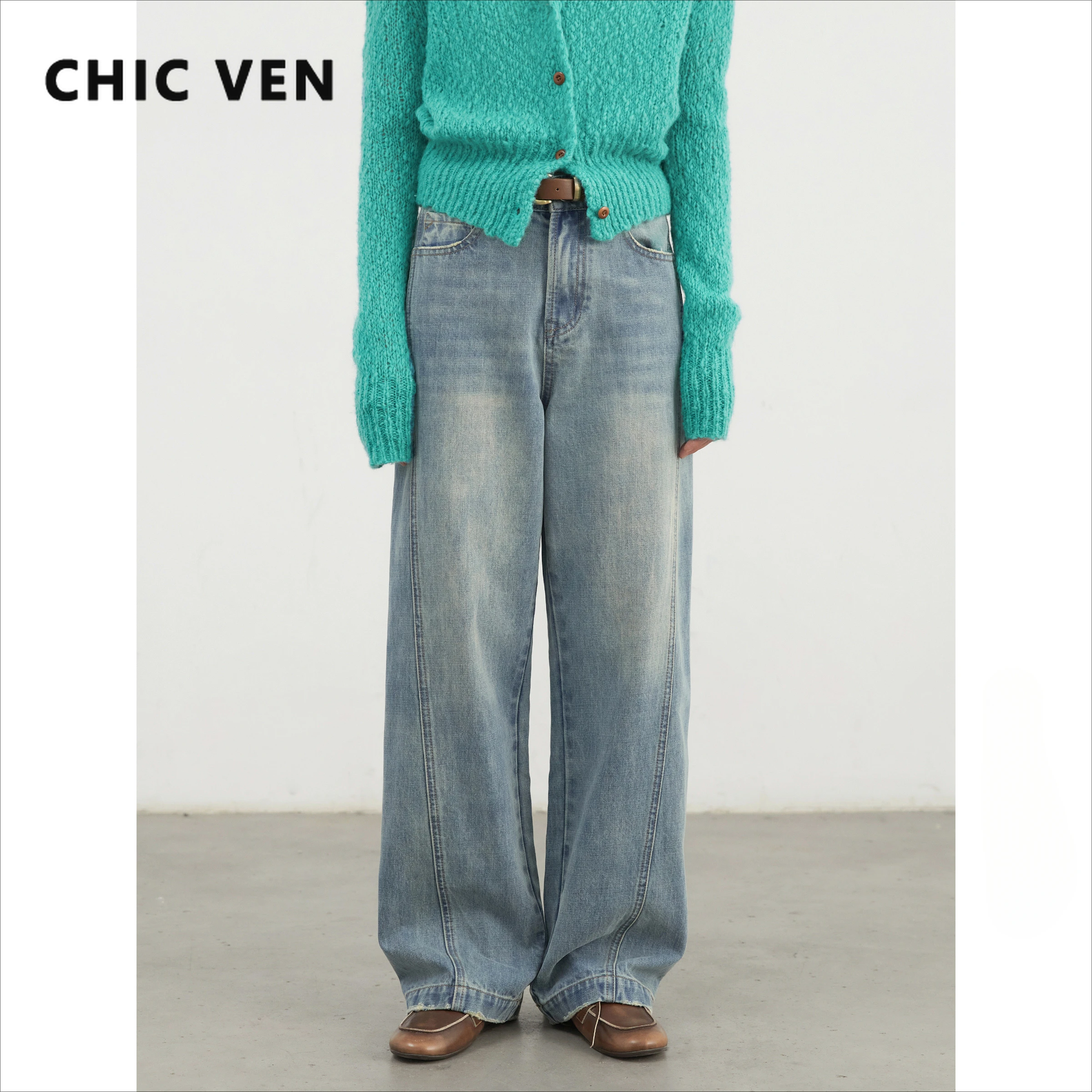 CHIC VEN Women Jeans Blue Loose Casual New High Waisted Split Wide Leg Denim Pants Straight Female Trousers Spring Summer 2025