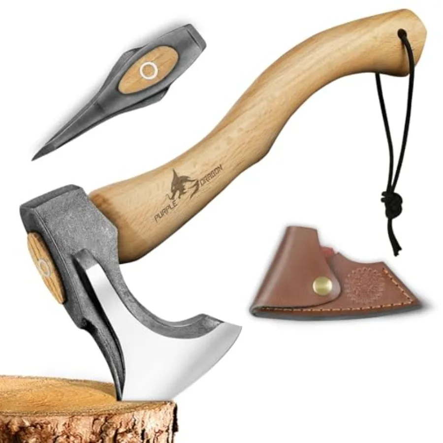 

Camping Hatchet 14.7 Inch Hand Forged Splitting Axe - Outdoor Wood Splitting Chopping and Carving Tool with Leather Sheath Bush