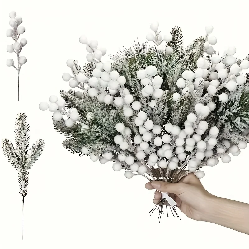 12 Uds. De bayas artificiales esmeriladas blancas de invierno y ramas de cedro para decoraciones navideñas, coronas DIY, árboles festivos para el hogar y al aire libre