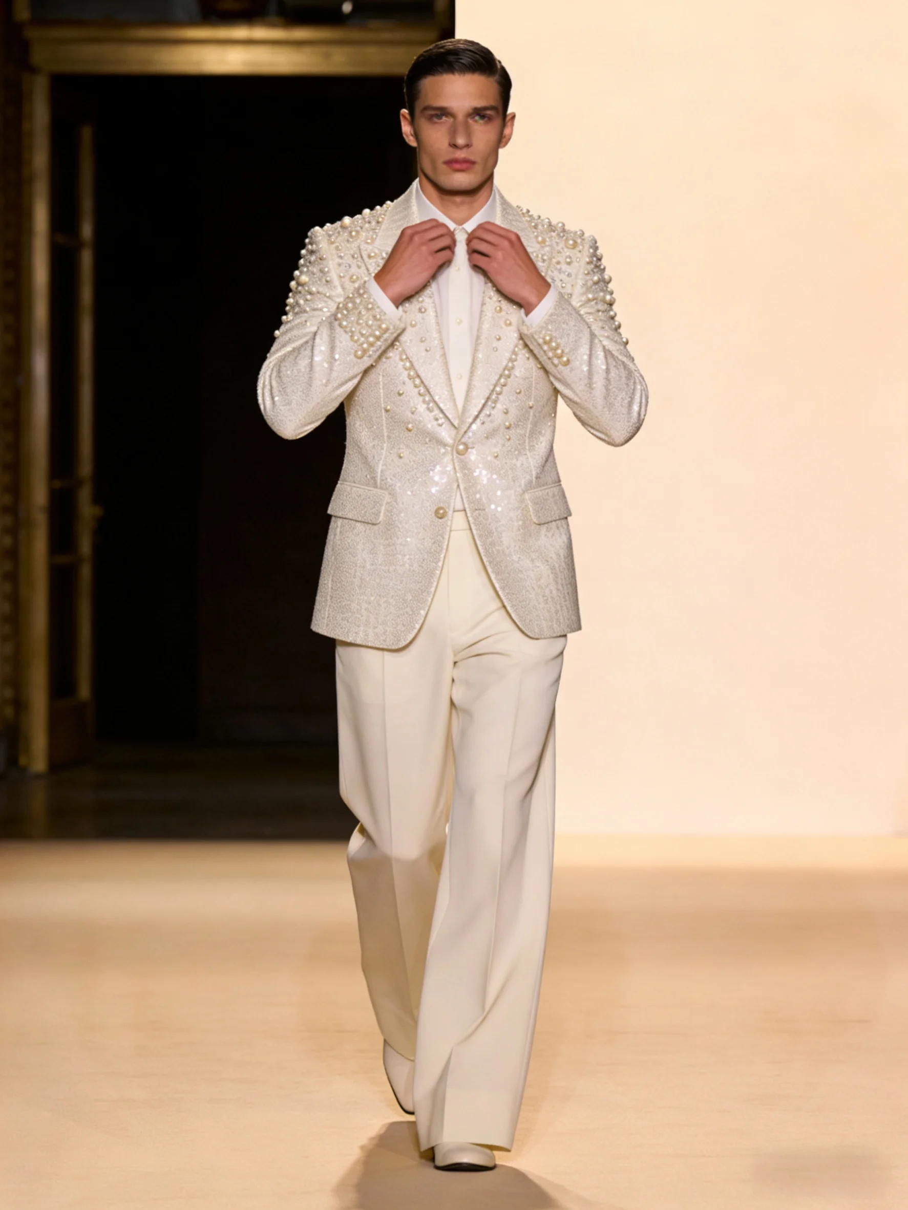 

White Pearls Spring Men Suit Set 2 Pcs Blazer+Pants Trousers Wedding Tuxedos Formal Office Business Jacket Coat Customized