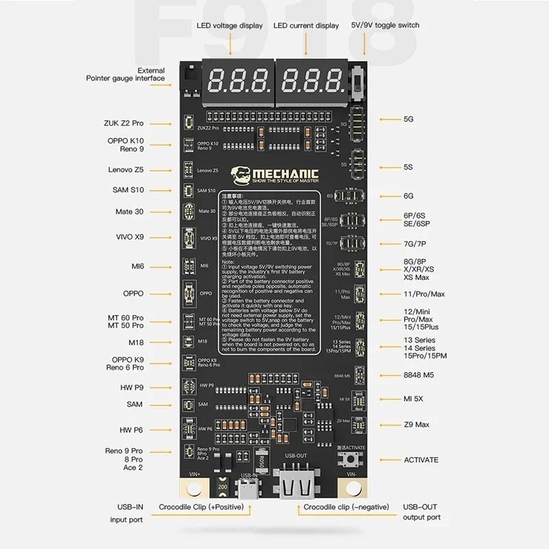 MECHANIC F918 Battery Activation Detection Board Tools Battery Fast Charge for IPhone 5-15 Pro Max Android One-click Activation