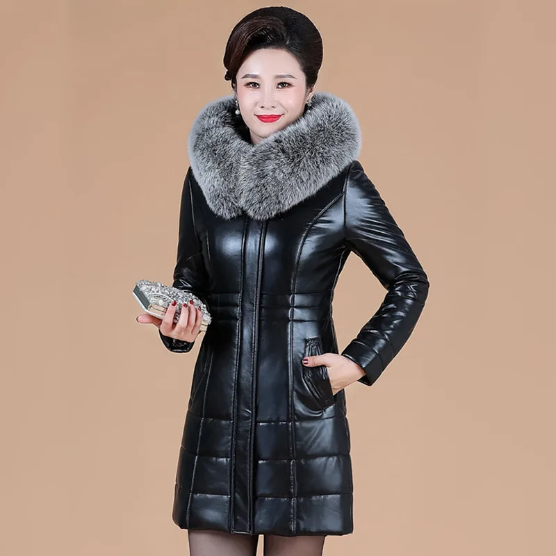 L-8XL แม่หนัง Coat ฤดูหนาวผู้หญิงสวยแยก Sheepskin Thicken Warm Faux ขนสัตว์ Hooded Outerwear ยาว Overcoat