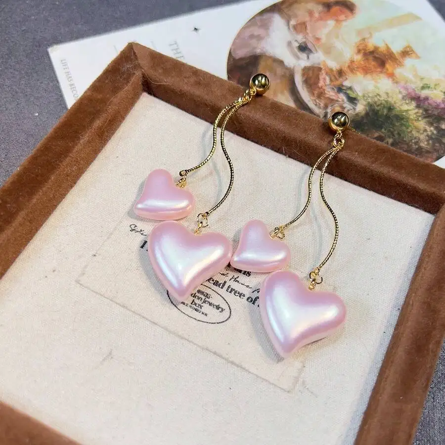 

Pearlized Pink Heart Drop Earrings With Gold-Tone Chain For Women