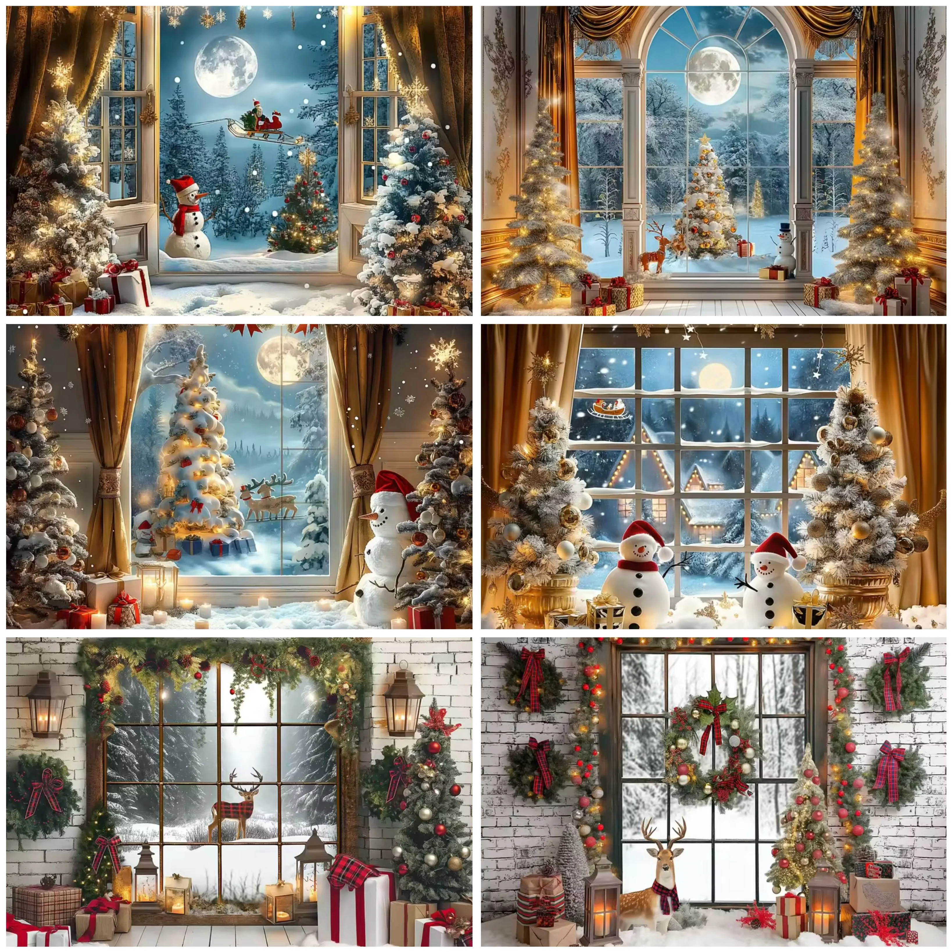 Fondo de fotografía con ventana de árbol de Navidad, muñeco de nieve, corona de flores rojas, puertas, decoración de fiesta de Nochebuena familiar,