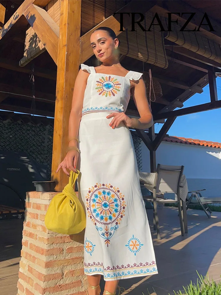 TRAFZA Female Summer Skirt Set White Print Square Collar Sleeveless Tops+High Waist Slit Zipper Long Skirts Women Fashion Suits