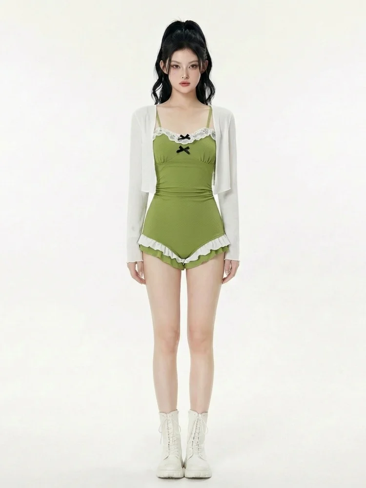 

2026 New Green Lace Trim One-Piece Swimsuit Women's Hot Spring Suitable Slimming Style Cute Belly Cover Long Sleeve Casual