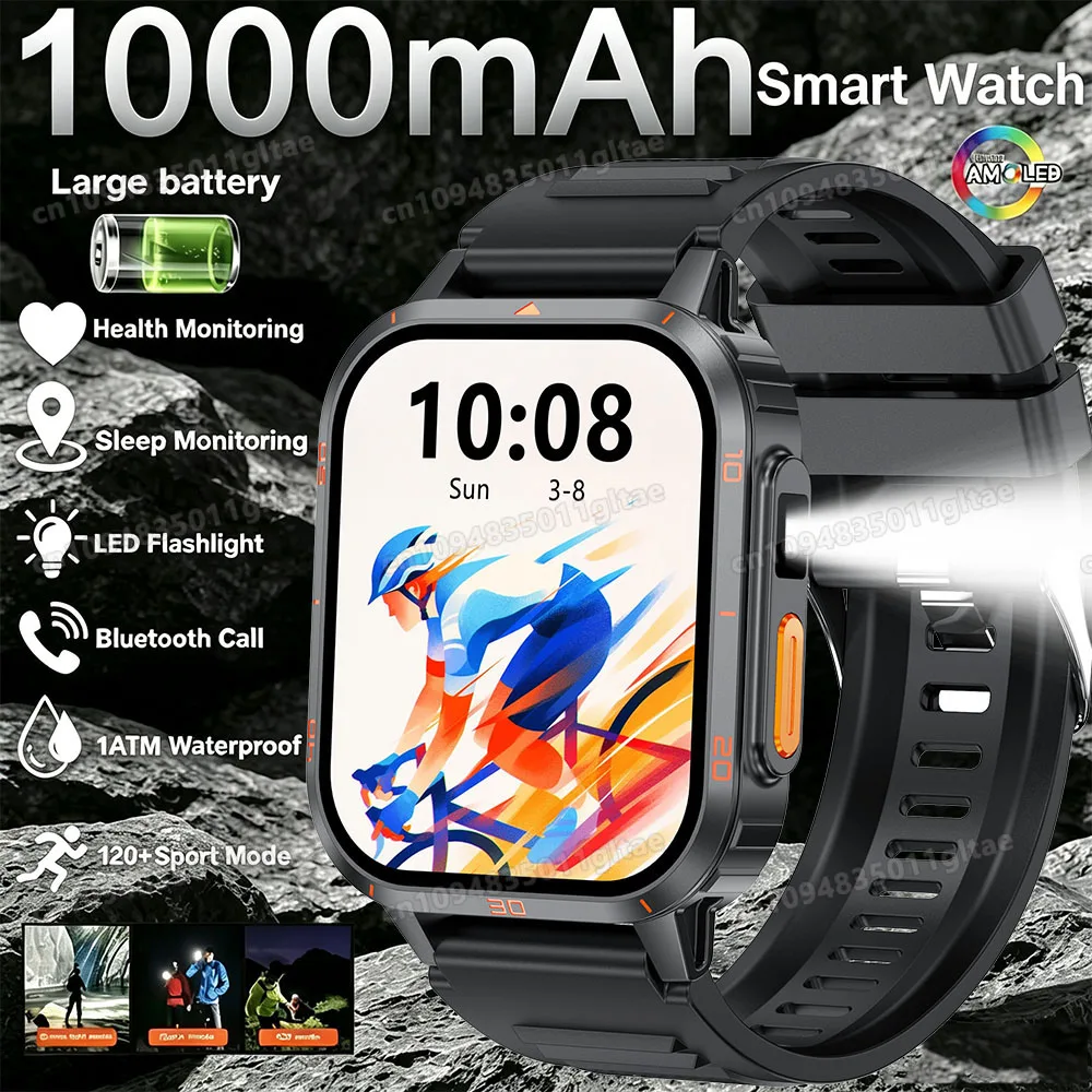 Military Outdoor Smart Watch Men's GPS Track Flashlight Bluetooth Call 1.83
