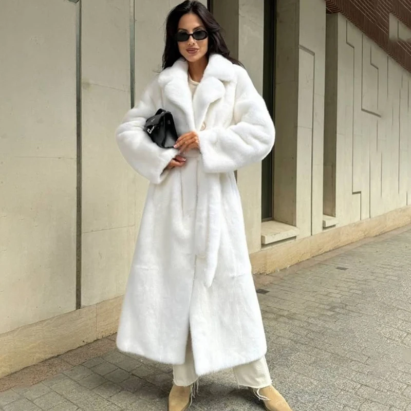 トルノバ ベルト付きフェイクミンクファーコート レディース 2025 秋冬 ベージュ ファー ロングジャケット 高級ブランド 暖かいアウターウェア オーバーコート