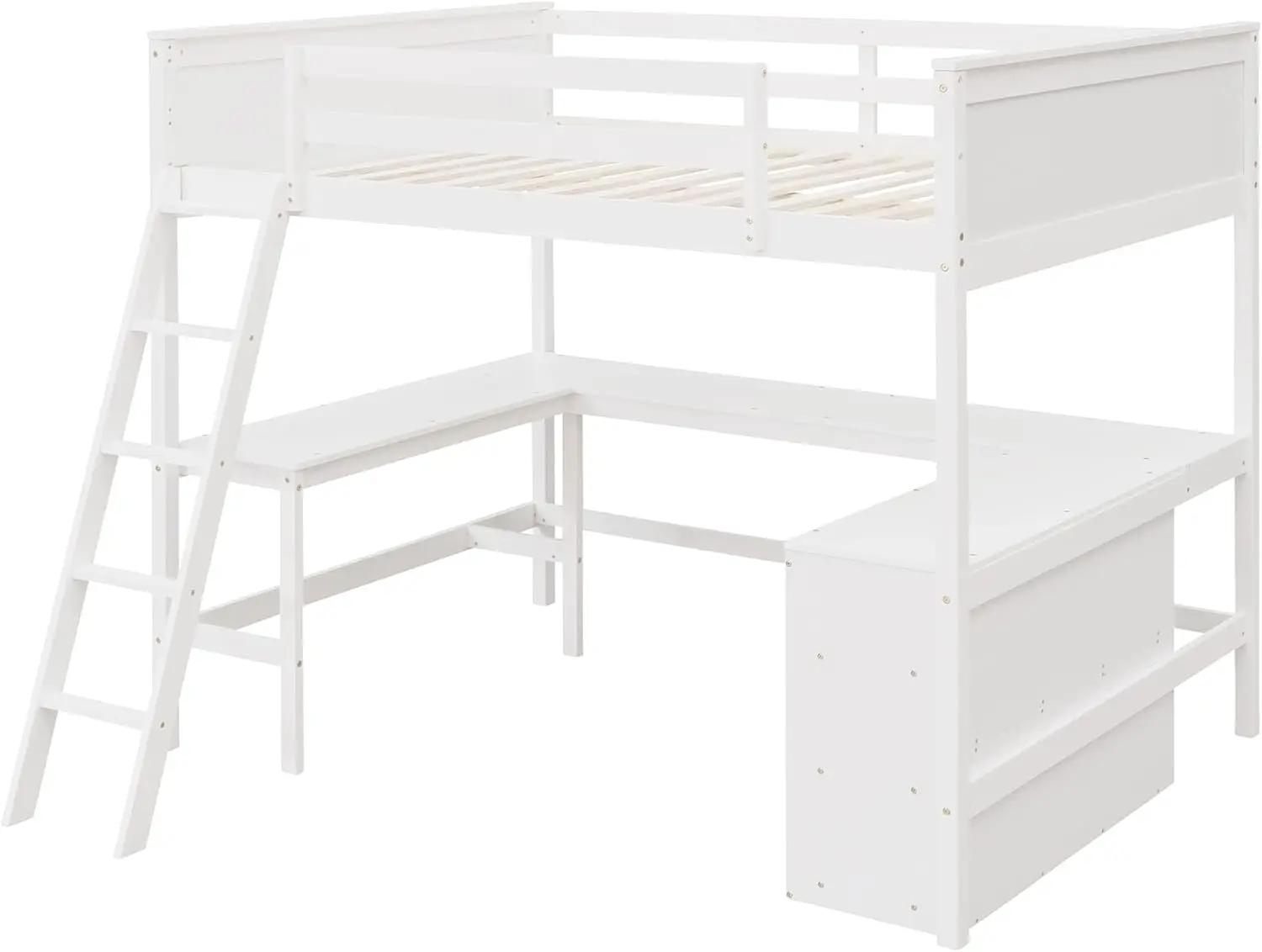 

Full Size Loft Bed with Desk and Storage, Wooden High Loftbed for Kids Teens, w/2-Layer Shelves Cabinet and Convertible Ladder