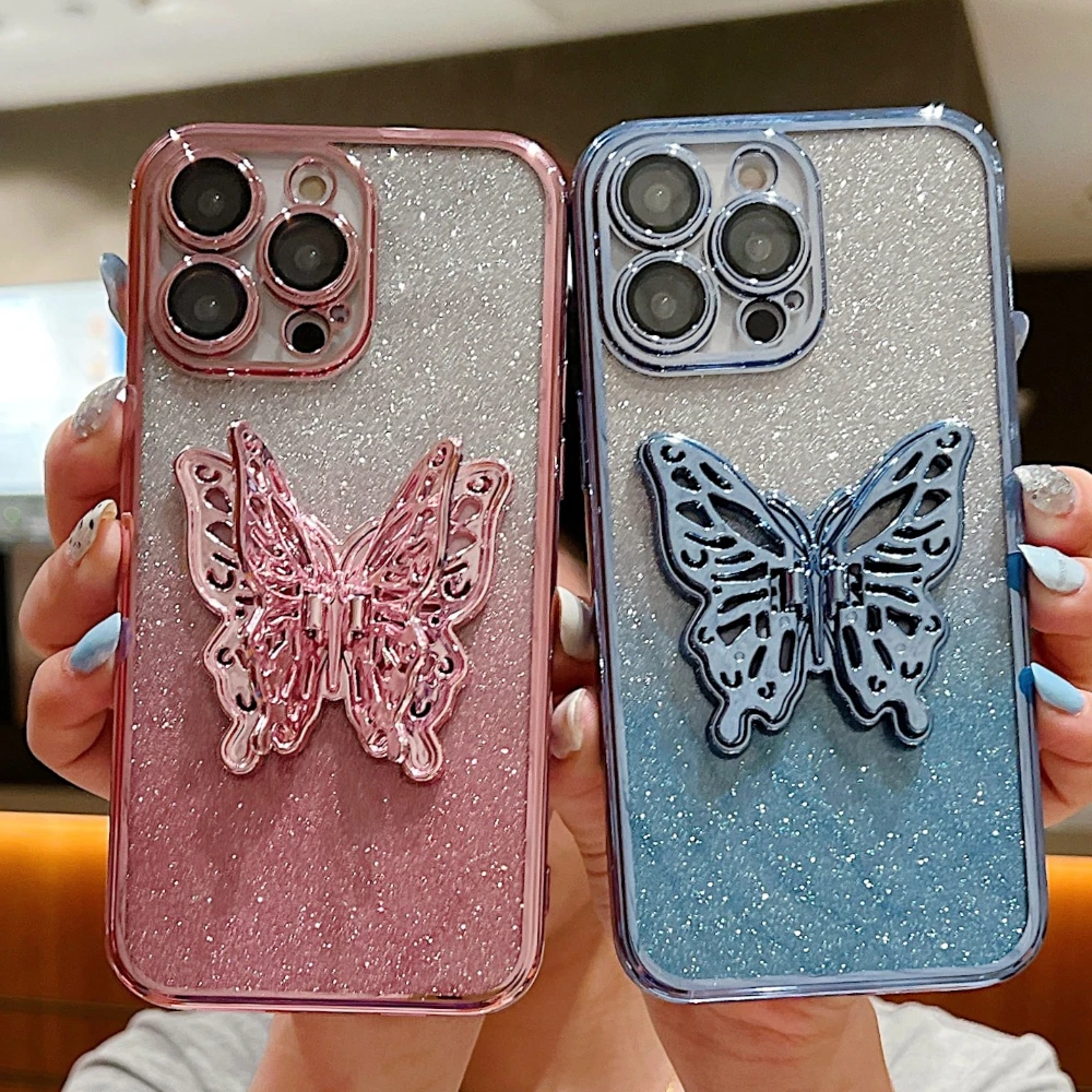 

Foldable Bling Glitter Electroplate Butterfly Stand Holder Phone Case For iPhone 11 13 12 14 15 Pro Max Shockproof Bumper Cover