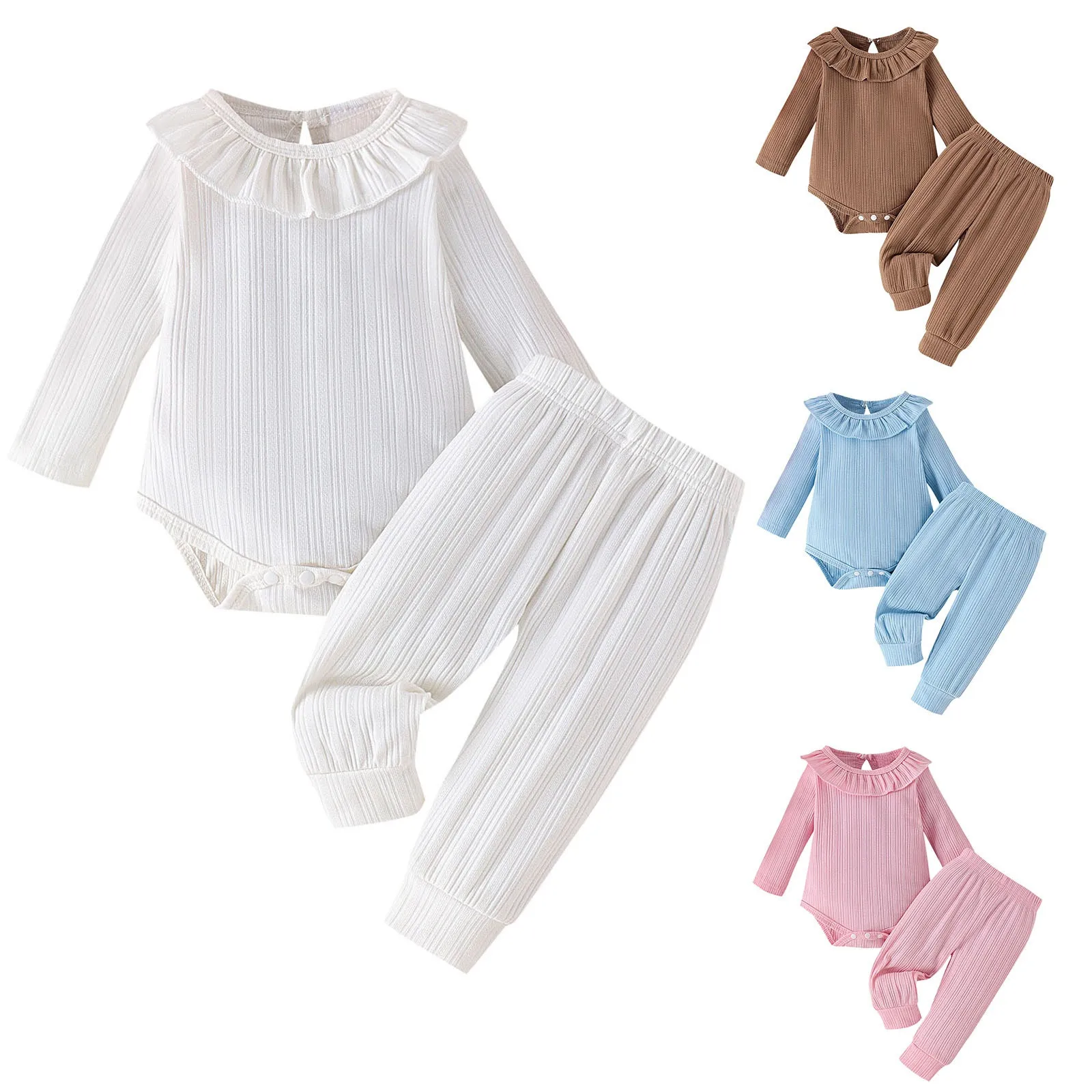 Infant Baby Girls Clothes Sets Solid Color Ruffled Long Sleeved Bodysuit+Pants Autumn Winter Kids 2PCS Baby Clothes 0-24Months