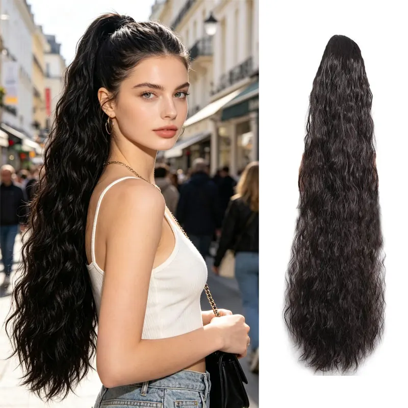 36inch Long Water Wave Ponytail Wig, Drawstring Style Synthetic High-Temperature Fiber Hair Extensions, Exclusively for Women, Adds Volume and Fullness Suitable for Daily Use, Dates, Parties, and Other Occasions.