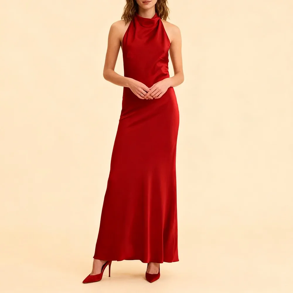 DEUX TWINSTYLE Dos Nu À La Mode Robe De Soirée Pour Femmes Halter Cou Sans Manches Taille Haute Rouge Sexy Satin Longues Robes Femme Nouveau