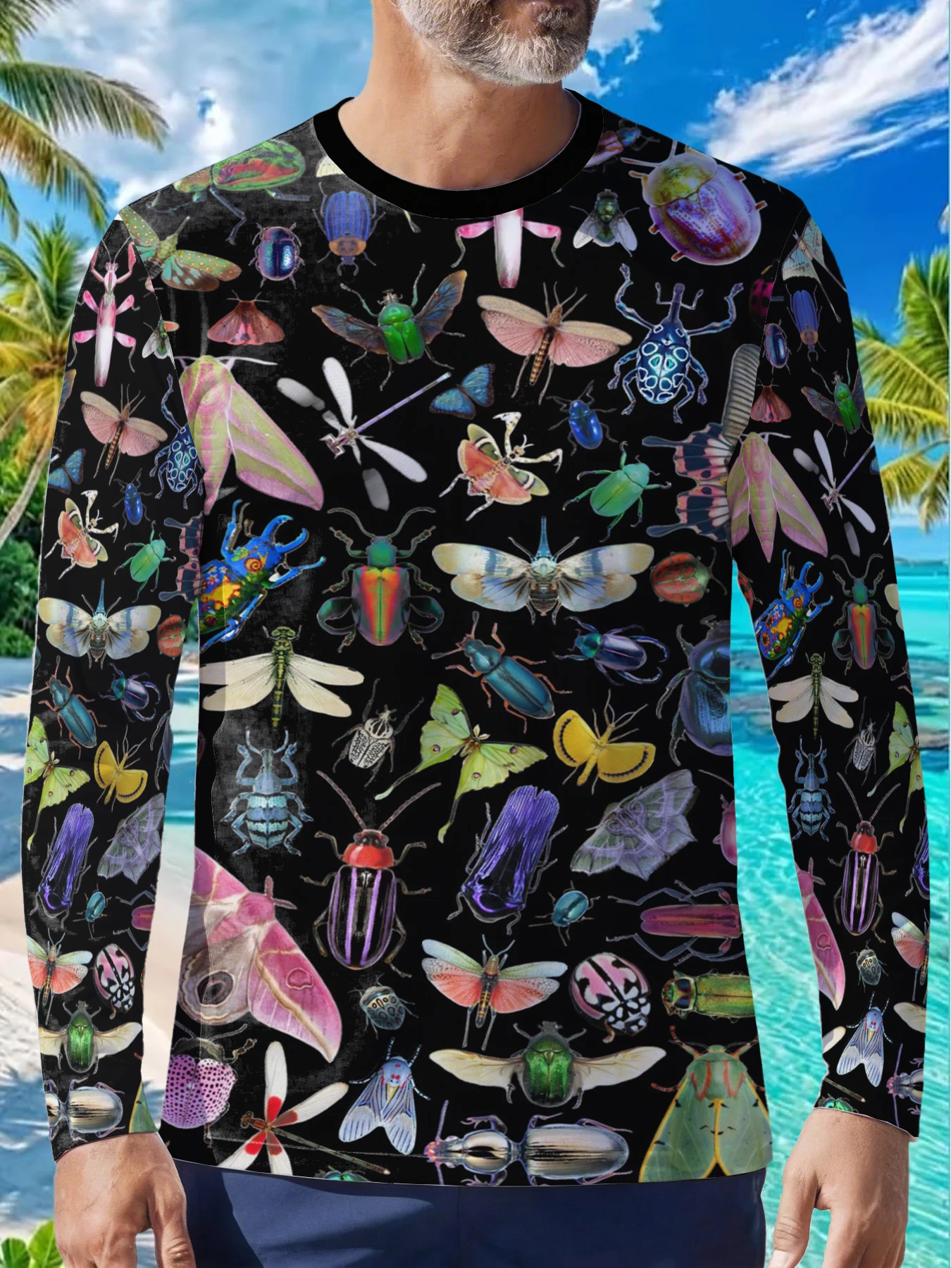 Vintage Insect Beetle Moth Bug Mens Polyester Long Sleeve T Shirt Colorful Realistic Entomology Print Graphic Tee Casual Streetw