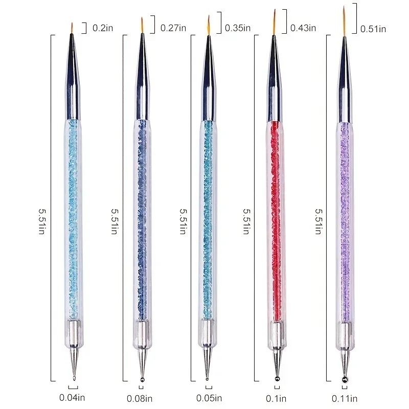 5pcs/Set 2 In 1 Dual-Ended Nail Art Liner Brushes With Crystal Handle Professional UV Gel Dotting Painting Drawing Pen DIY Tools