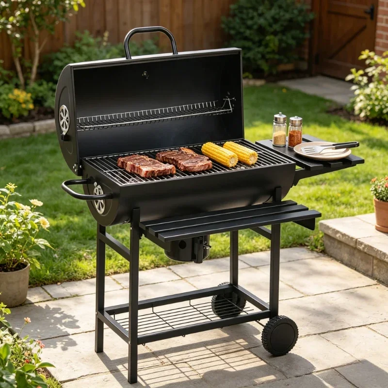 Chariot de préparation BBQ robuste en acier noir 115 x 85 x 95 cm avec roues verrouillables et étagères multiples, chariot de préparation BBQ extérieur robuste, cadre résistant à la rouille, grande surface de travail idéale pour les barbecues en plein air, la cuisine en jardin et les rassemblements en extérieur