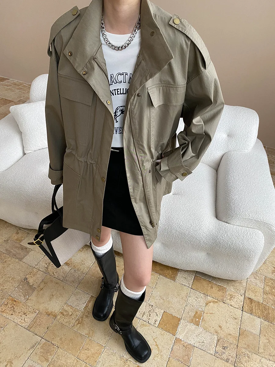 Women Trench Mid Length Coats Jackets Stand Collar Coat Casual Loose Y2k Streetwear Jacket Work Outerwear Autumn Winter 2025