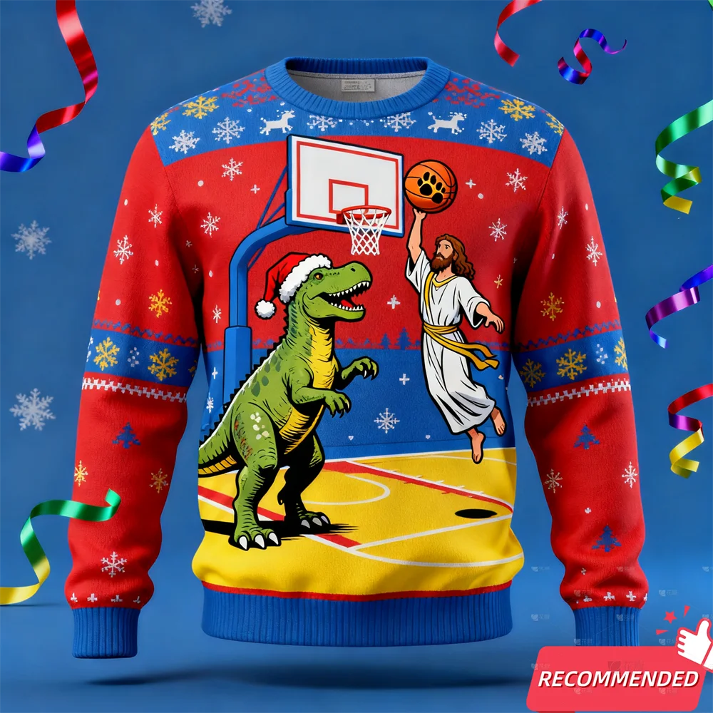 

2025 Christmas Sweatshirt For Men Dinosaur Funny Jesus Santa Ugly Sweater Fashion Unisex Streetwear Xmas Men Y2k Tracksuit Tops