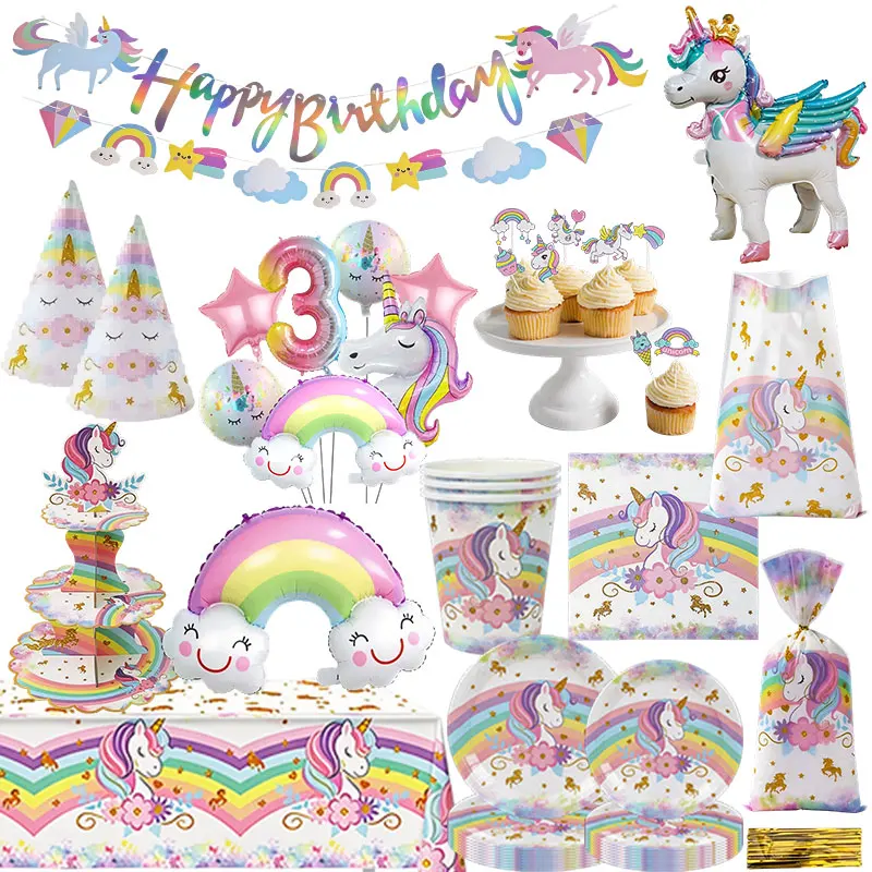 Juego de Vajilla de Decoración para Fiesta de Cumpleaños de Unicornio Arcoíris, Vasos, Platos, Servilletas, Globos, Fondo, Pancarta, Bolsas de Regalo, Artículos para Fiestas de Niñas