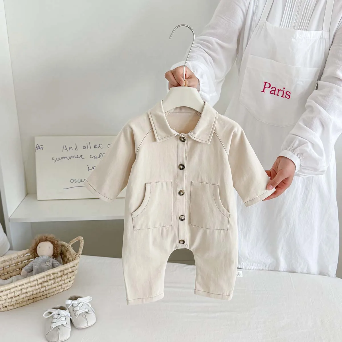 Baby Romper Spring and Autumn Long-Sleeve Romper with Collar Solid Color Pocket Workwear Style Newborn Boys and Girls One-Piece Outfit for Going Out