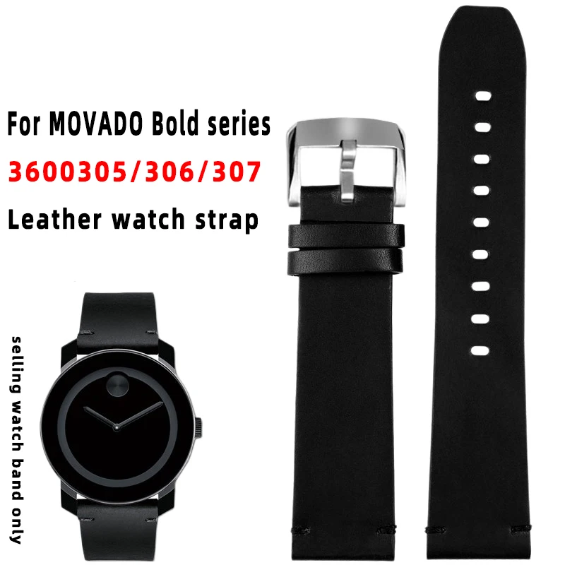 Correa de reloj negra de 22mm para la serie MOVADO BOLD 3600305/306/307, reloj de cuero genuino con accesorios de pulsera para hombre