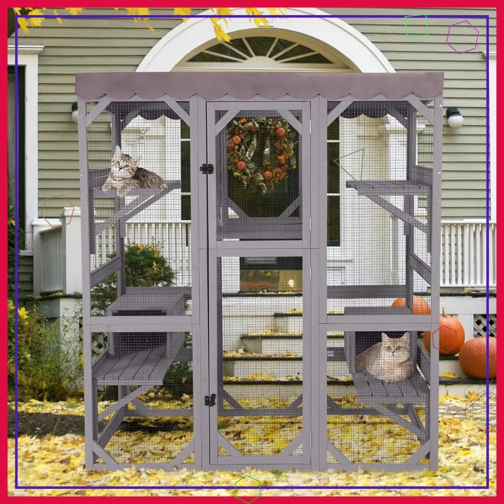 

Large Outdoor Cat Enclosure with 7 Platforms, Weatherproof Roof, Walk-in Kennel & 2 Napping Houses - Grey