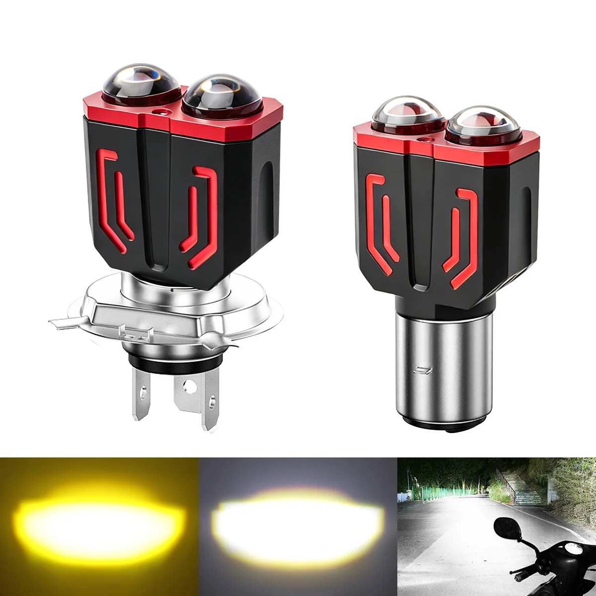 1pc H4 BA20D LED Motorcycle Headlight CSP Dual Color White Yellow Hi/Lo Beam Lens for Motorbike Headlight Scooter Fog Lamp