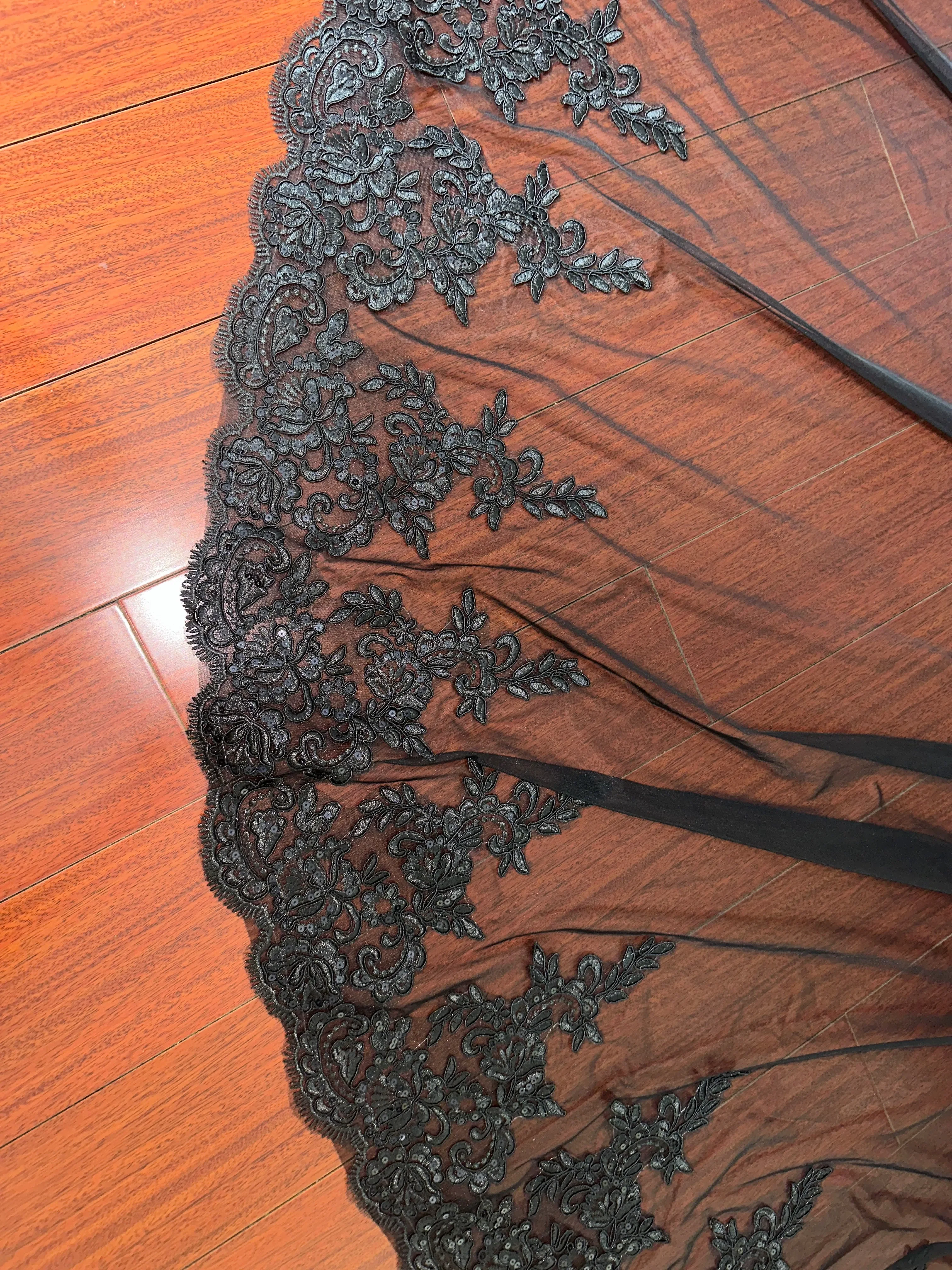 

Cathedral Black Wedding Veil One Layer 3 Meters Long Bridal Veil with Comb Bling Sequins Lace Gothic Black Veil Head Accessories