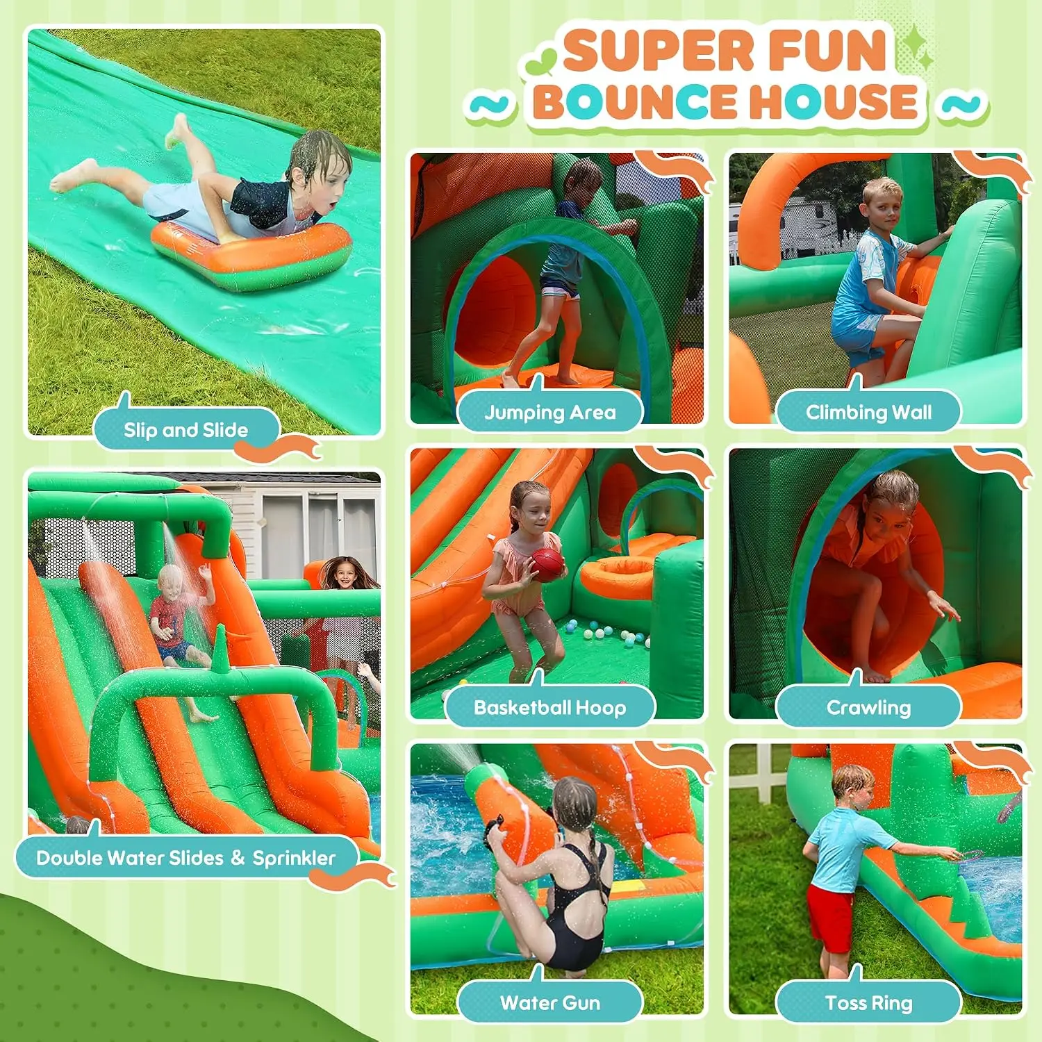 Inflatable Water Slide for Kids, 10-in-1 Water Play Slide with 750W Blower