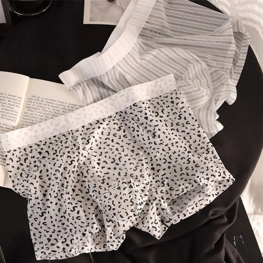 

Fashion Thin Ice Silk Boxer Briefs See Through Breathable Leopard Print Boxers Stripe Lingerie Cool Feeling Underpants Male