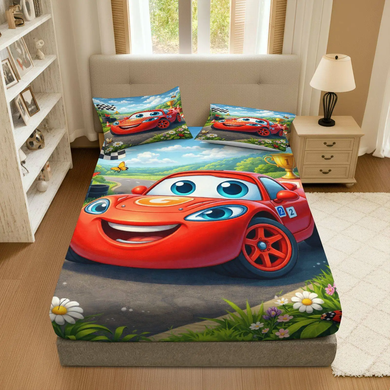 Christmas 2D Digital Print Three-Piece Bedding Set (Includes 1 Fitted Sheet + 2 Pillowcases) Mattress Protector, Fitted Sheet Style, Protective Cover, Mattress Protector, Fitted Sheet Bedding, Christmas Themed Bedding, Racing Adventure Fitted Sheet Set