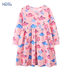 Little maven Children's Clothing Europe America Baby Girls Cartoon Dinosaurs Casual Dresses kids Clothes Girls Vestidos Cotton