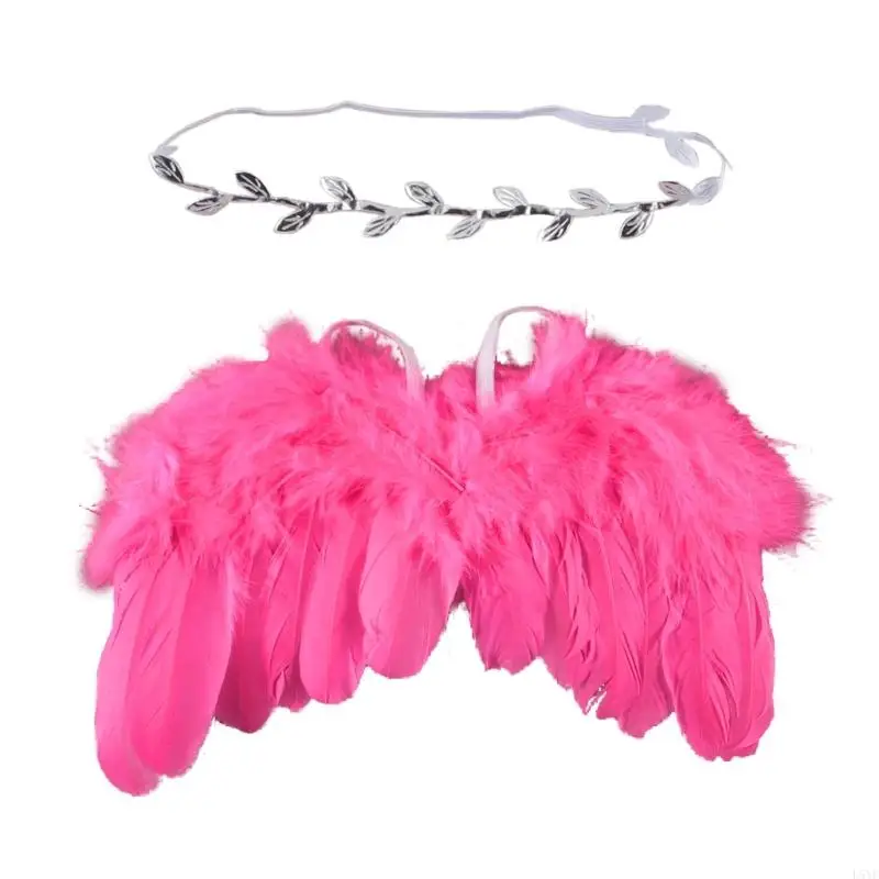 L5YF Fuzzy-Feather Engelenvleugels Hoofdband Set voor Baby Cosplay Meisjes Kostuum Fotografie Witte Engel Veren Vleugel Outfit