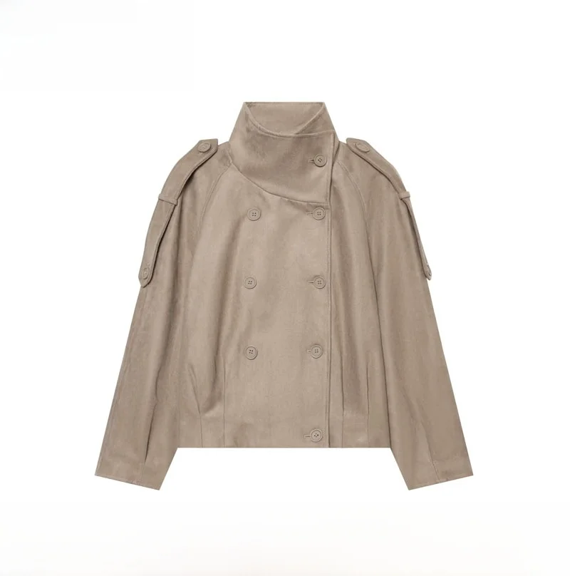 Fashionable Early Autumn New Arrival Women's Coat Double Row Buttons Chimney Collar Versatile Stylish Polyester Fiber Long Sl...