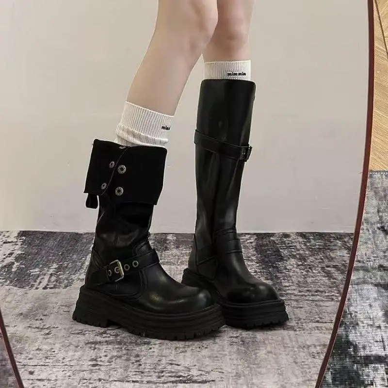 Damen Kniehohe Stiefel zum Umklappen Klobige Plateau Schnallenriemen Motorrad Reitstiefel Retro Punk Wadenlange Schuhe Herbst Winter Neuheiten Modische Bequeme Stiefeletten – Detail 6