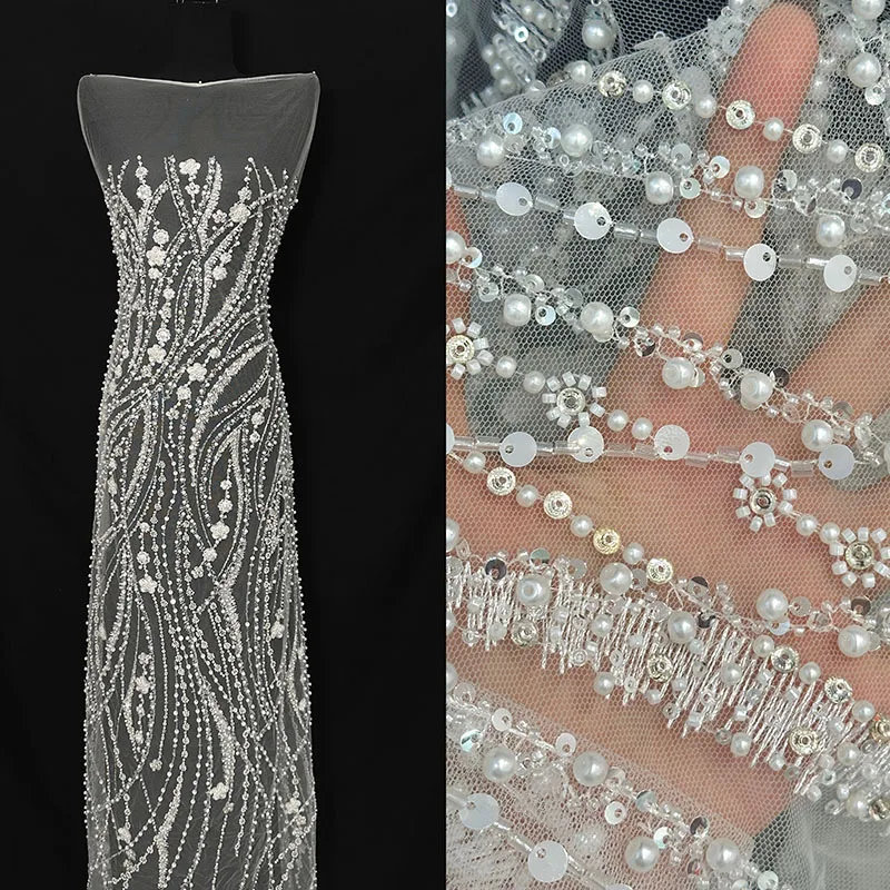 

New Striped Tube Beaded Embroidered Material Accessories Illusionary Mesh Wedding Dress Fabric