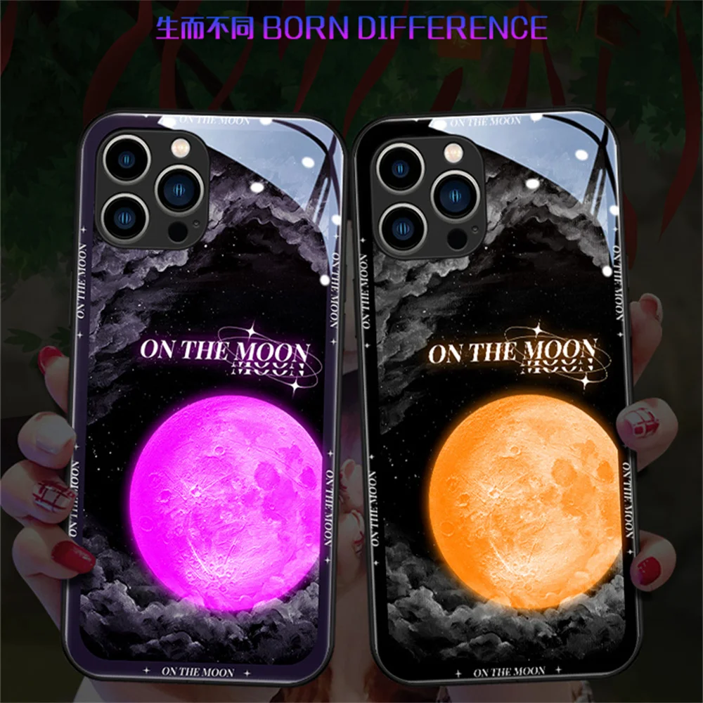 

Romantic Moon Design Smart LED Light Glow Tempered Glass Phone Case For iPhone 15 14 13 12 11 Pro Max X XR XS 6 7 8 Plus SE2020