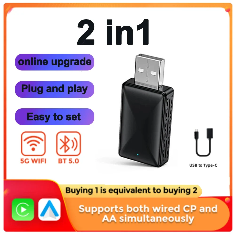 Android Auto Wireless Carplay Adapter 2in1 Wireless Bluetooth 5.0 &5G Wifi Android Auto Plug and Play Non-inductive Connection