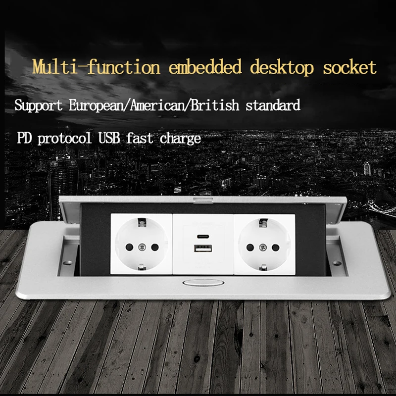 

Hidden Pop-up Desktop Socket 45 European Standard Power Socket 2.1A USB Fast Charge Type-c Embedded Ground 16A Socket