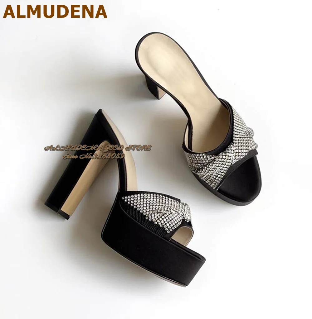 ALMUDENA Bling Bling Silver Crystal Butterfly-knot Modern Slippers Black Satin Cloth Chunky Heel Platform Glitter Sandals