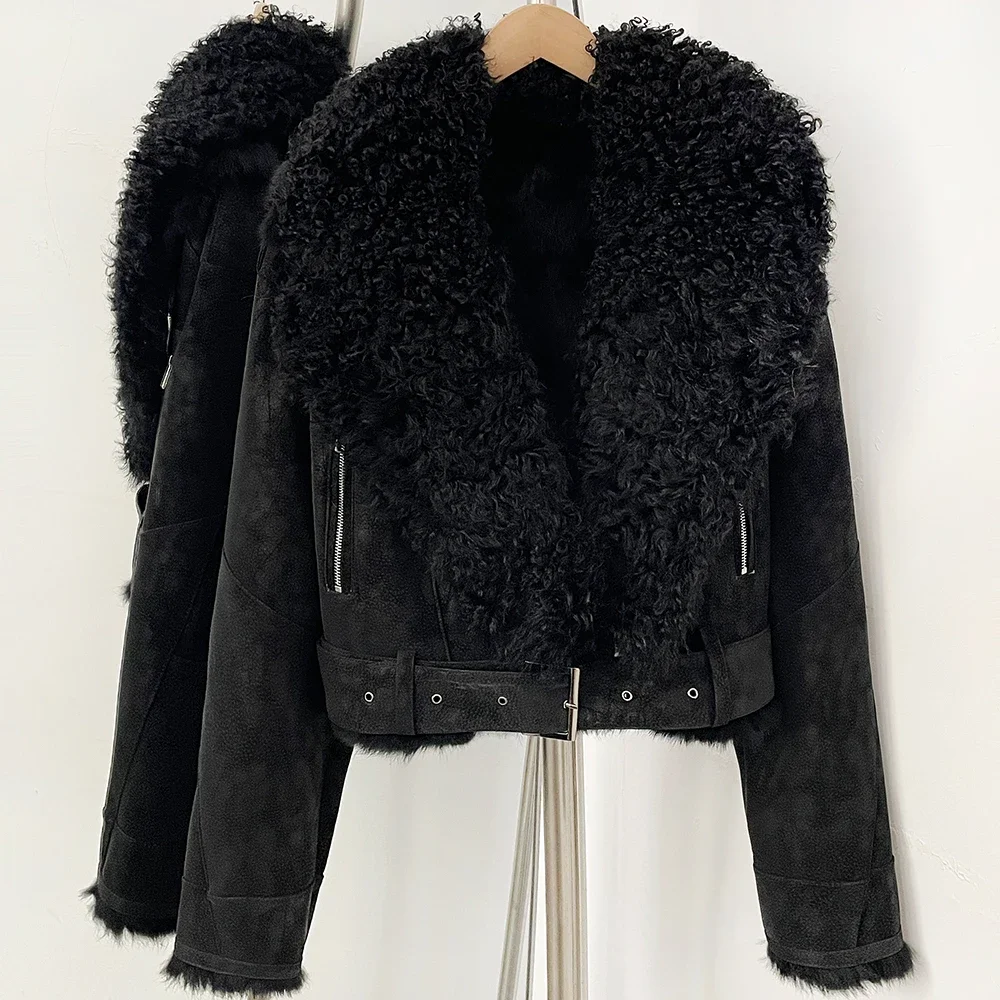 OFTBUY Kurzer Warmer Echt-Lammfellmantel Damen-Wildlederjacke mit Echtfellkragen Neue Herbstkollektion Natürliche Kaninchenfellkleidung für Frauen – Detail 10