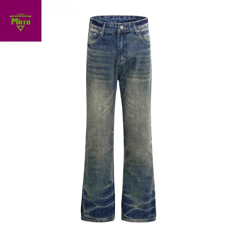 

【Mirrordust】 Ретро потертые потертые джинсы мужские карманные High Street свободные прямые расклешенные джинсовые брюки мужские