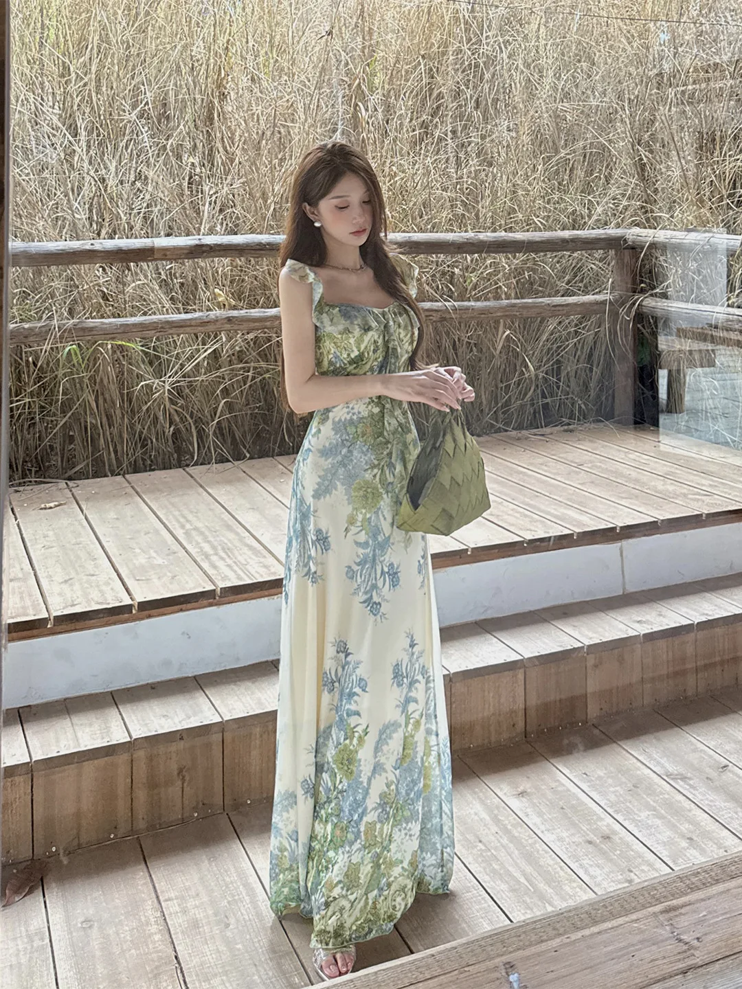 French Retro Ruffled Green Print Backless Square-neck A-line Dress For Women Forest Pastoral Waist-cinched Lace-up A-line Dress