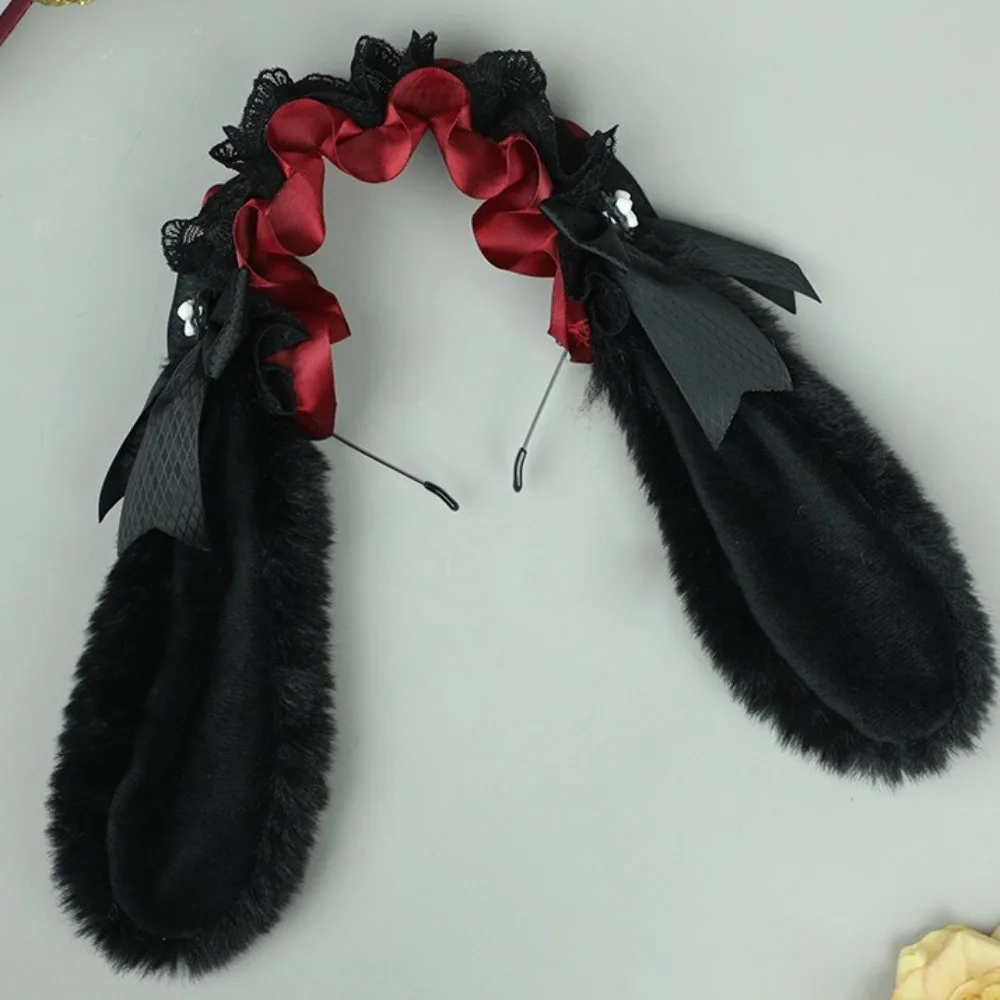 Ruffle Bowknot Plush Bunny Hair Hoop Ribbon Lace Cosplay Hair Bands Furry Cute Lop Ear Headwear Comic Show