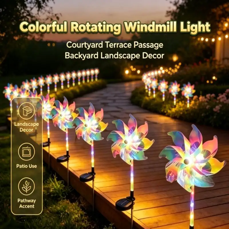 Colorful Windmill Solar Garden Light Outdoor Waterproof LED Rotating Flower Stake Lamp for Lawn Pathway Yard Landscape Decor