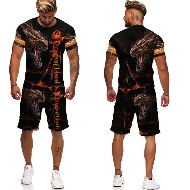 

2025 Повседневная футболка с короткими рукавами и 3D принтом дракона, спортивные шорты, комплект из 2 предметов, летний детский комплект для мальчиков