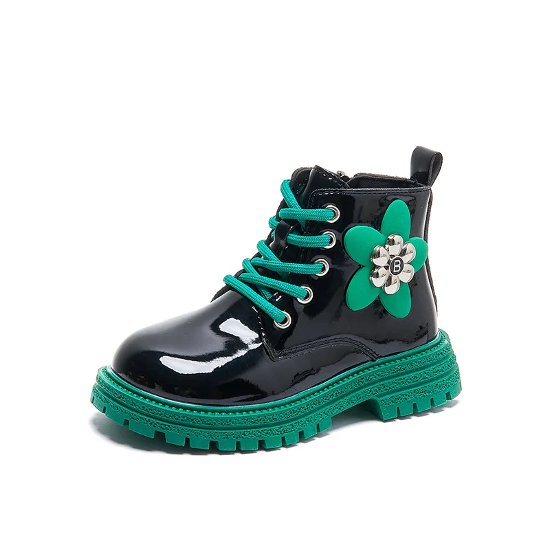 girls Patent leather ankle boots flower design kids shoes lace up zip Anti-slip boot child autumn shoe 26-36