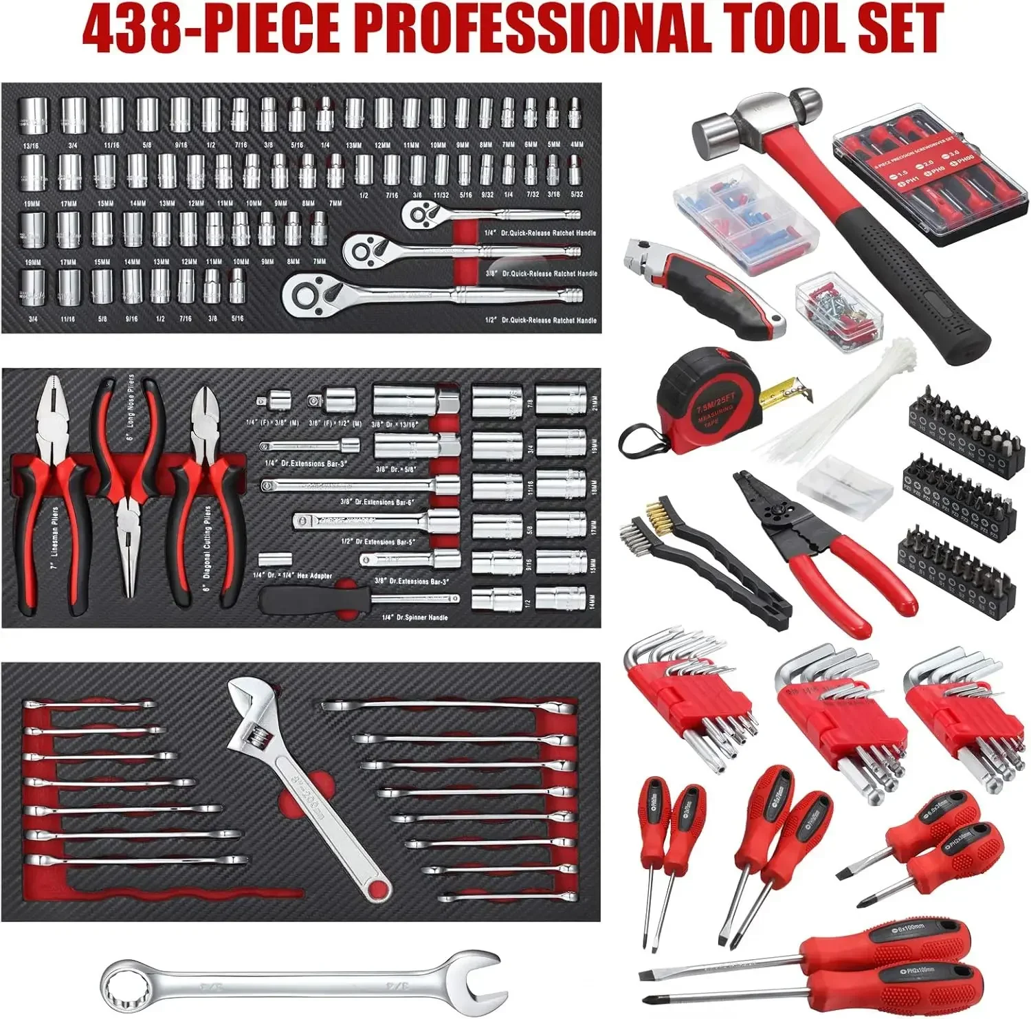 Factory Price 438-Piece Mechanics Tool Set with 3-Drawer Heavy Duty Metal Box Repair Tool Kit for Mechanic or Routine Repair