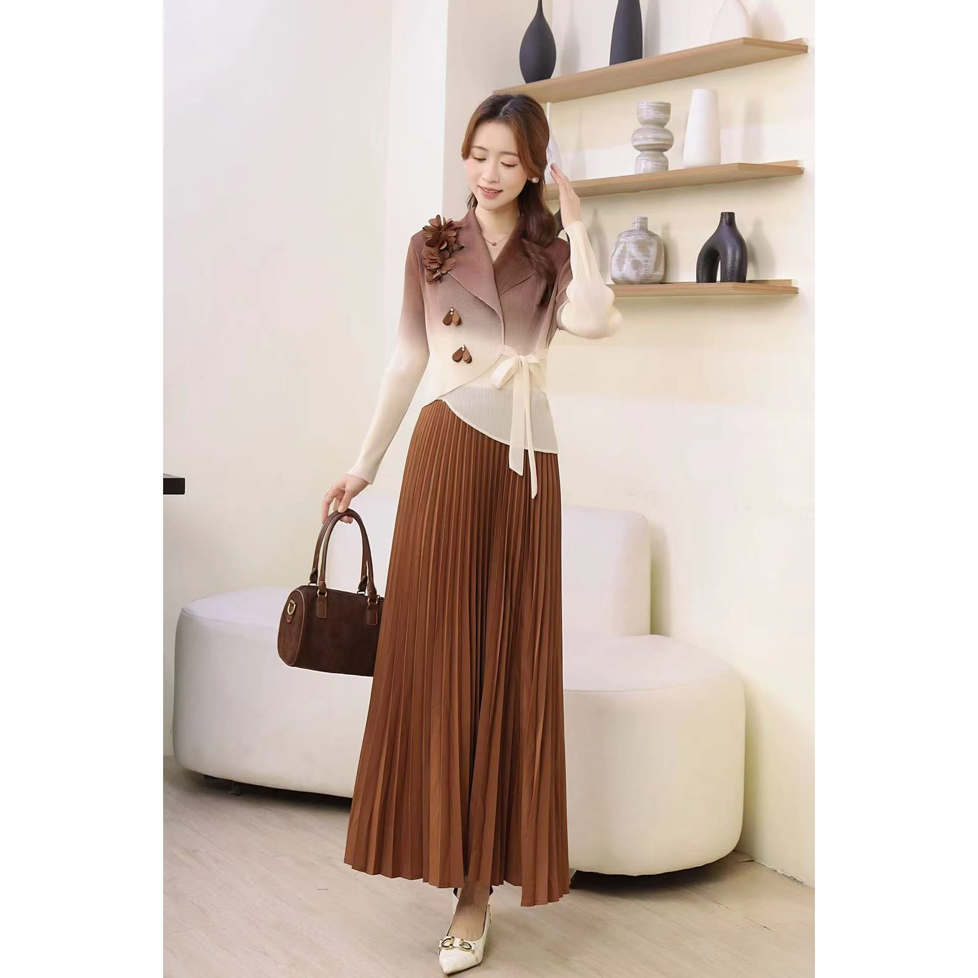 

Женская модная плиссированная юбка-обманка с эффектом двухслойности, с поясом, с трехмерным цветочным декором и градиентным цветом, в стиле кроссбоди.